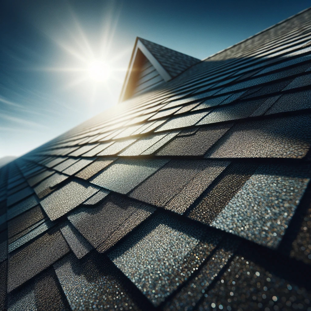 DALL·E 2024-04-02 10.46.14 - A high-resolution, close-up image of a residential shingle roof under a clear blue sky. The sun is shining brightly, casting subtle shadows across the